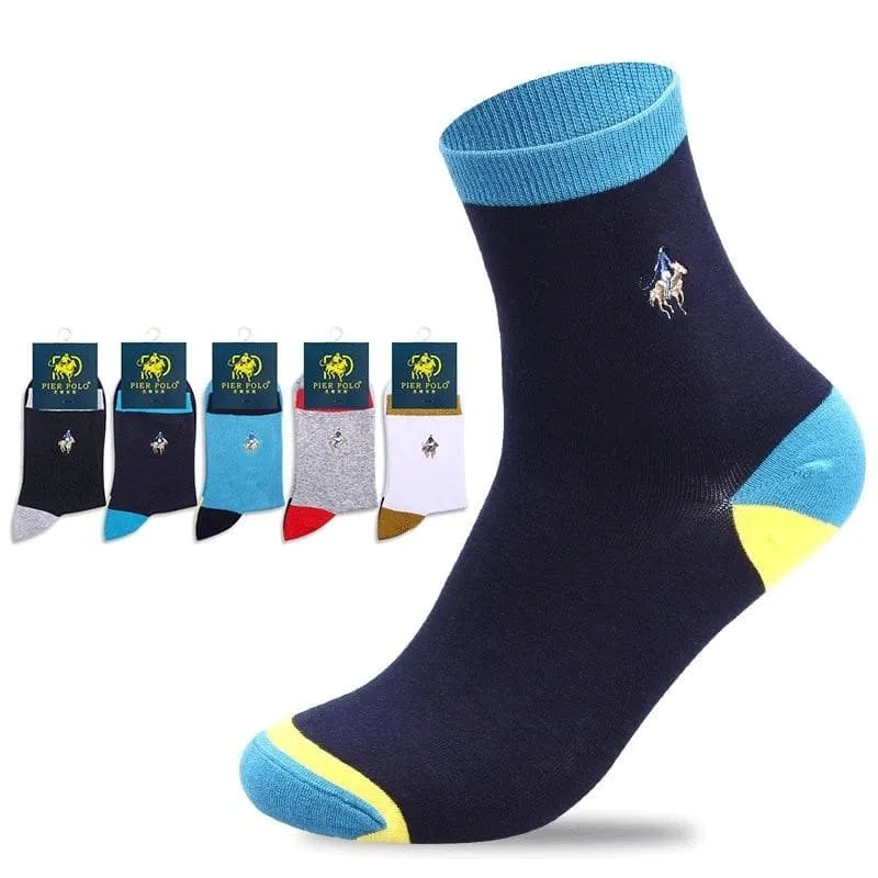 5 Pairs Lot Fashion Color Block Casual Cotton Embroidery Men's Socks