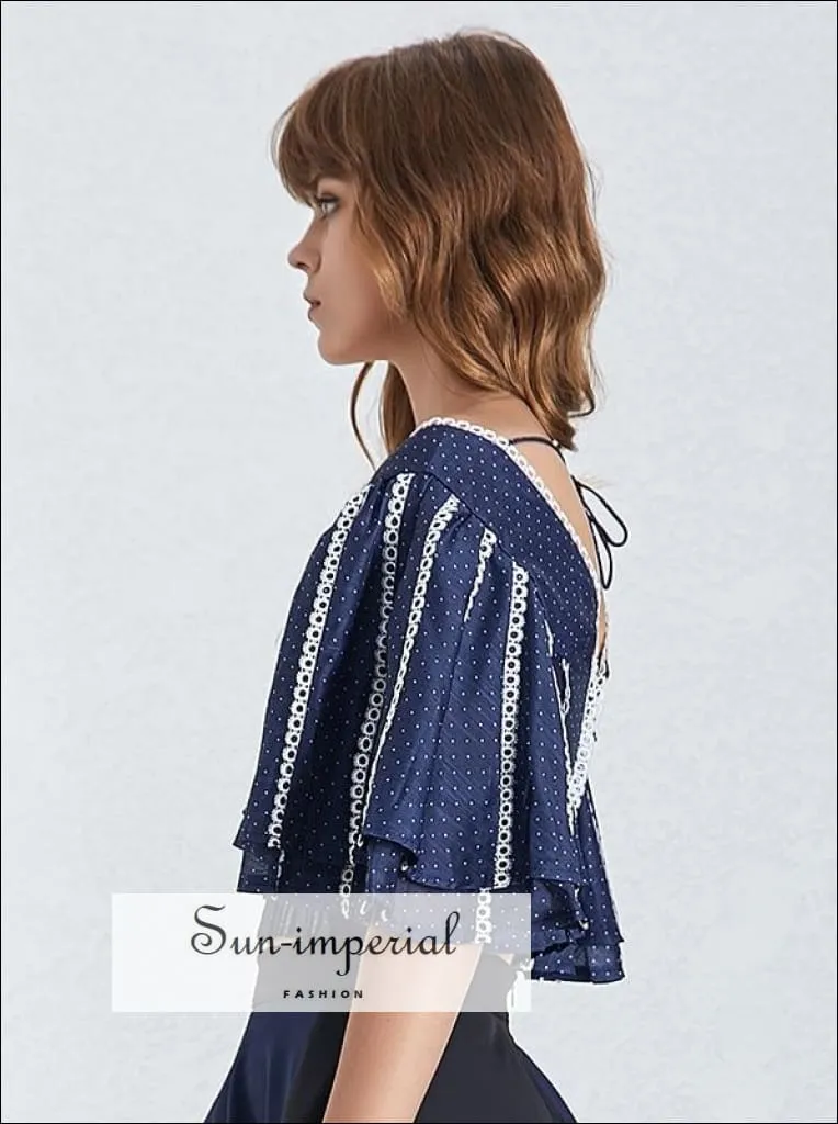 Catalina top - Vintage Elegant Blue Polka Dot Short Ruffle Sleeve Crop top for Women Square Neck