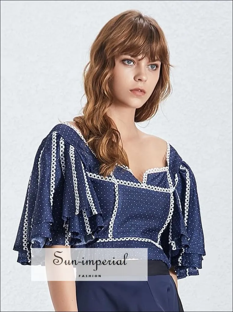 Catalina top - Vintage Elegant Blue Polka Dot Short Ruffle Sleeve Crop top for Women Square Neck