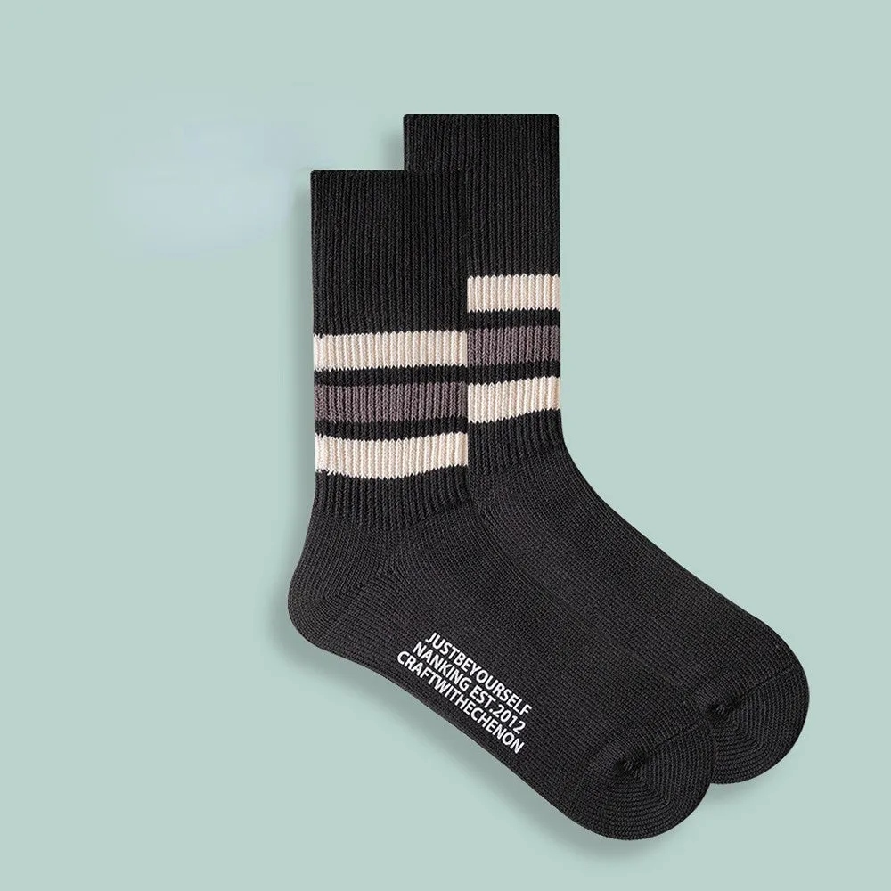 Combed Cotton Thickened Solid Color Striped Retro Long Socks