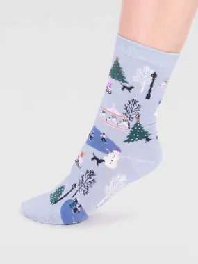 Gloria Organic Cotton Christmas Scene Sock - Foam Blue