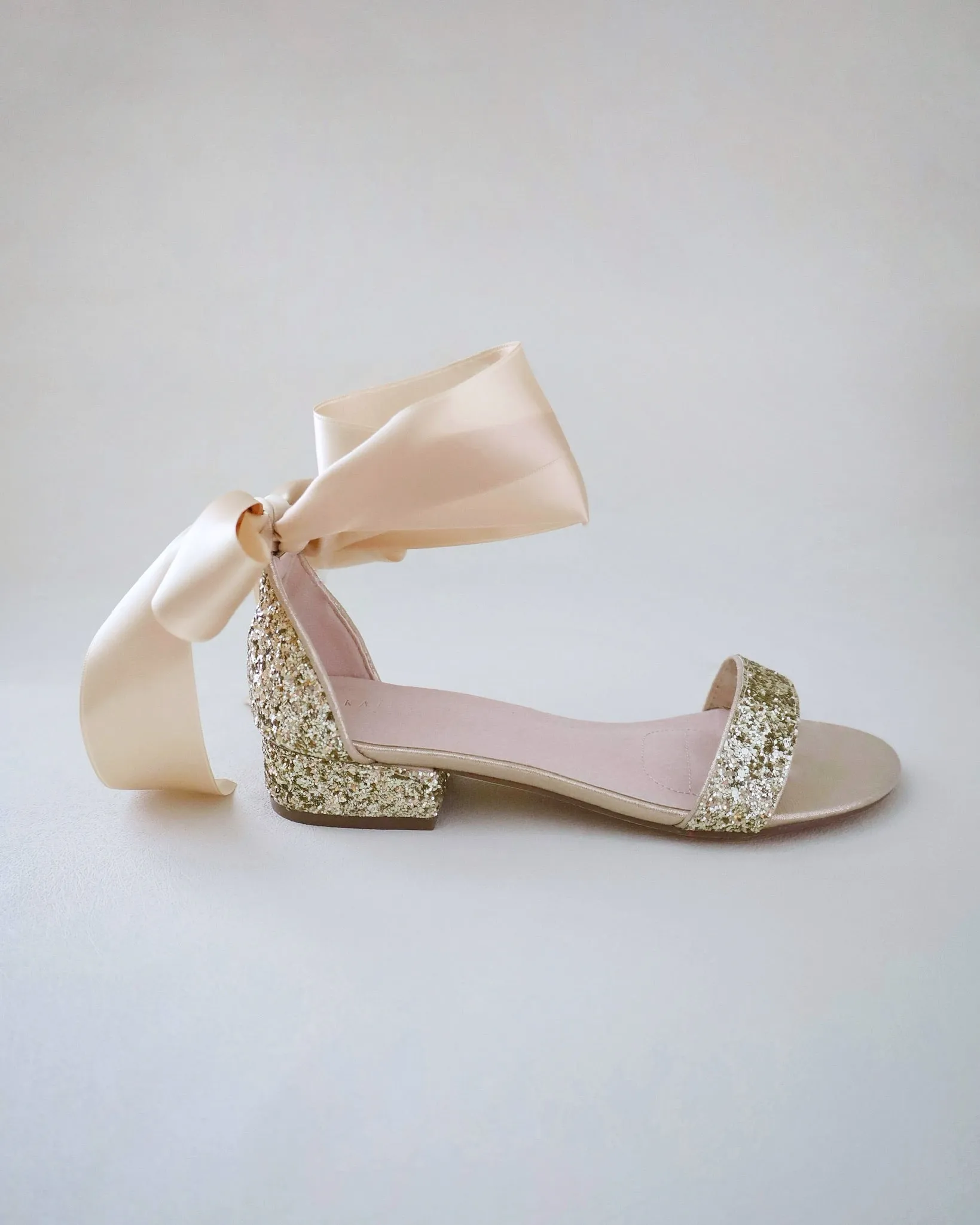 Gold Rock Glitter Low Block Heel Evening Sandals with Wrapped Satin Tie