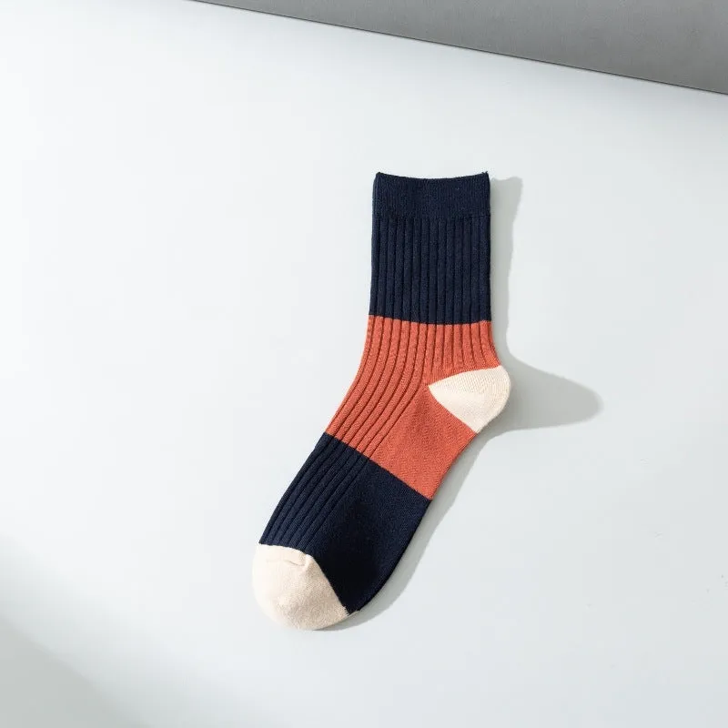 Men's Pure Cotton Socks Contrast Color Trendy Mid-Calf Length Socks