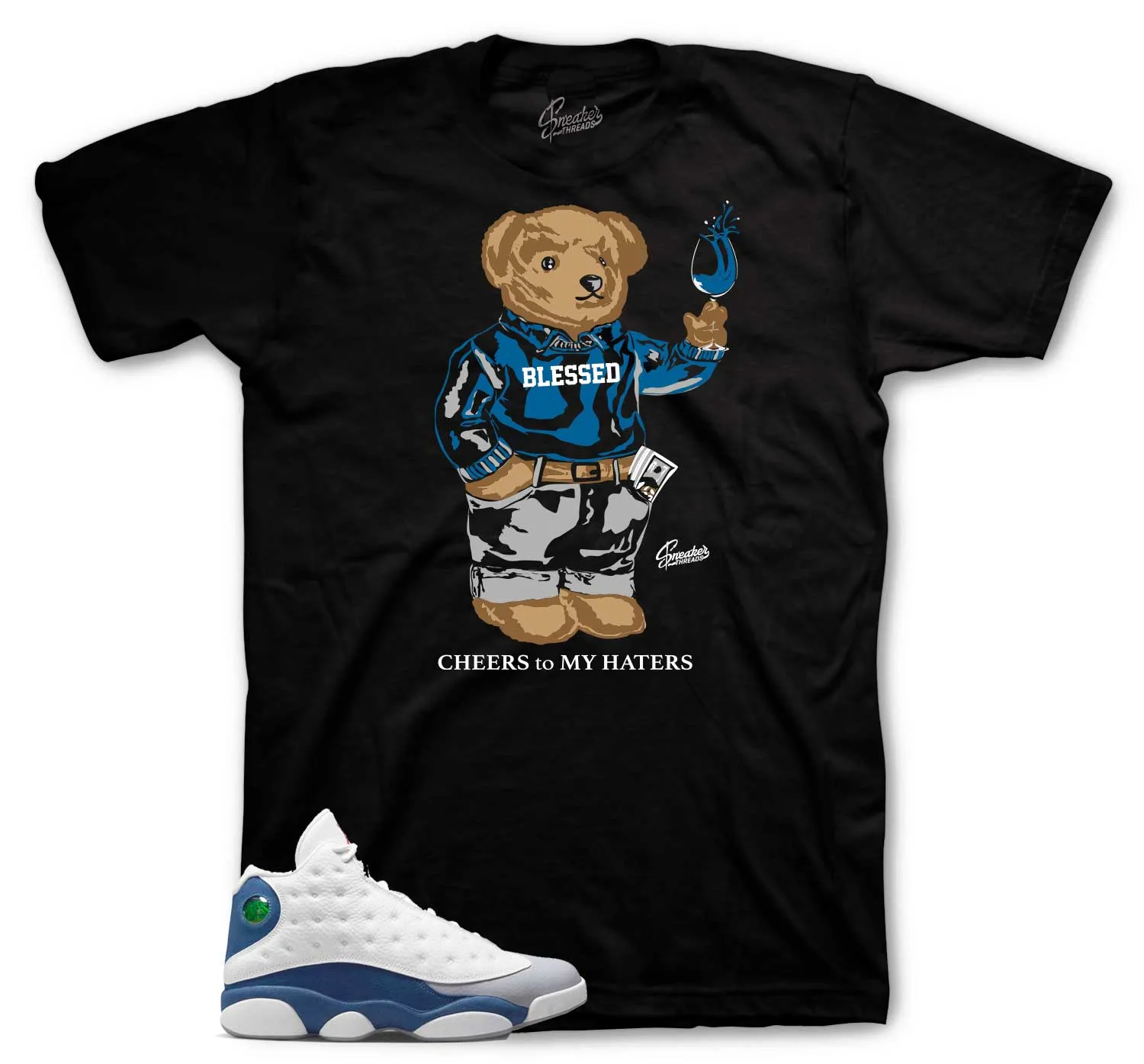 Retro 13 French Blue Shirt - Cheers Bear - Black