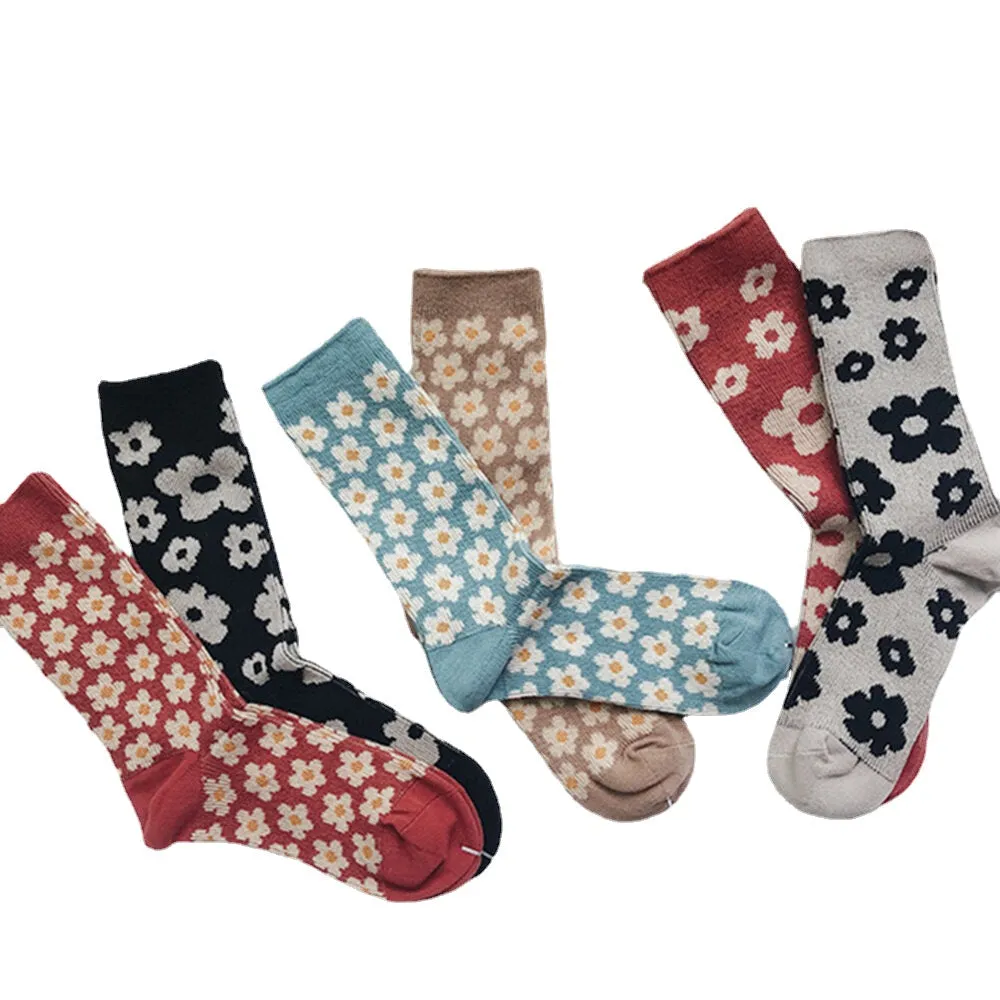 Women Cotton British Style Retro Floral Pattern Warm Casual Tube Socks