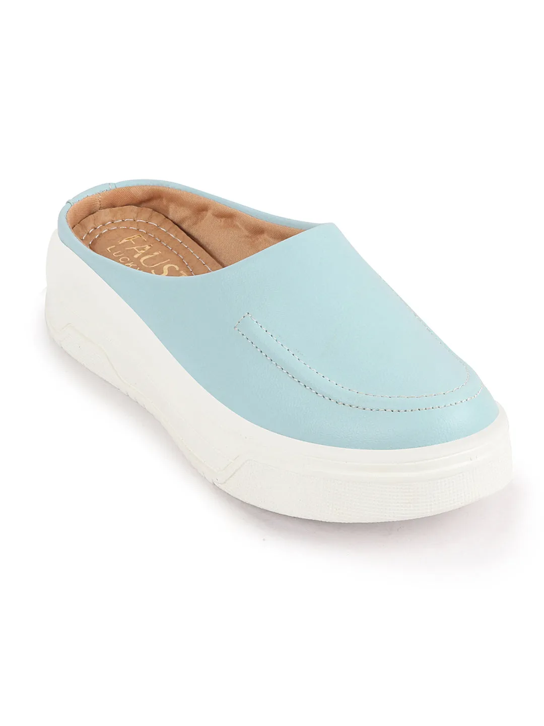 Women Sky Blue Outdoor Fashion Stitched Design Open Back Platform Heel Slip On Casual Shoes